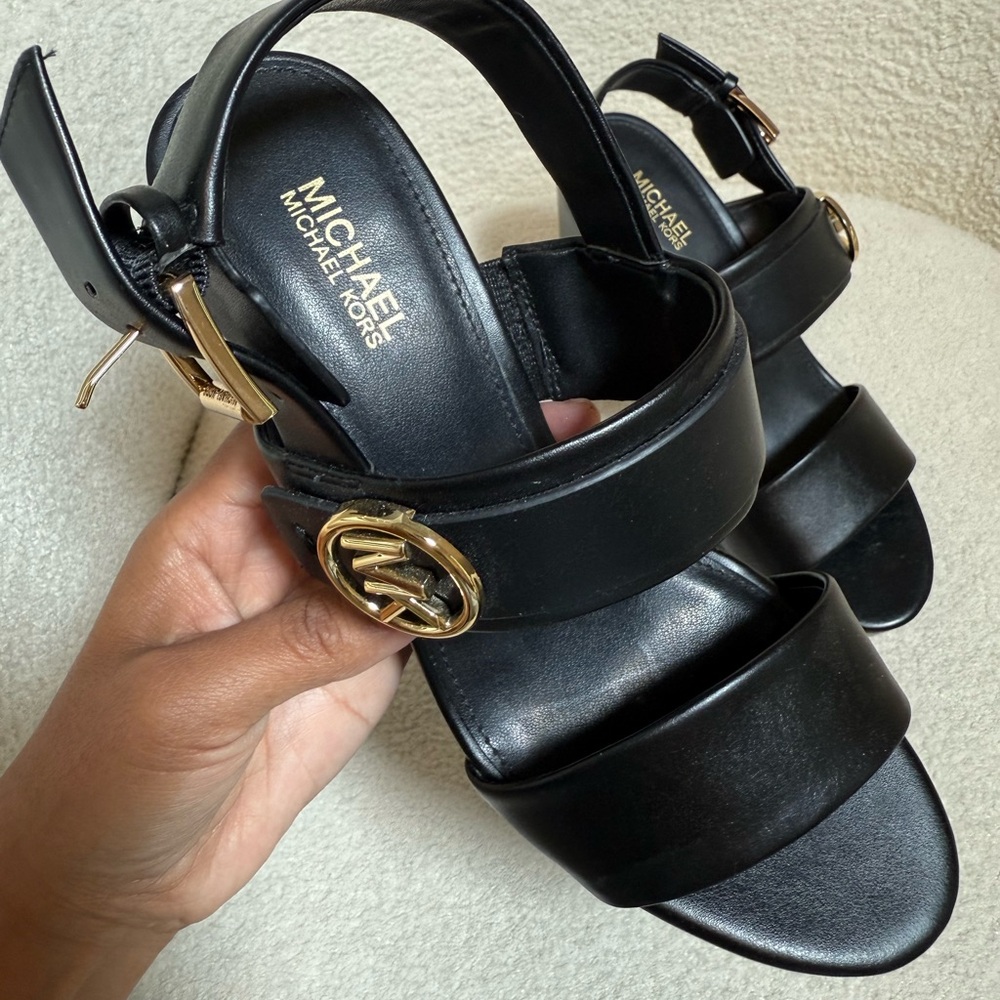Michael Kors Black Sandals with Gold Hardware and Chunky Heel